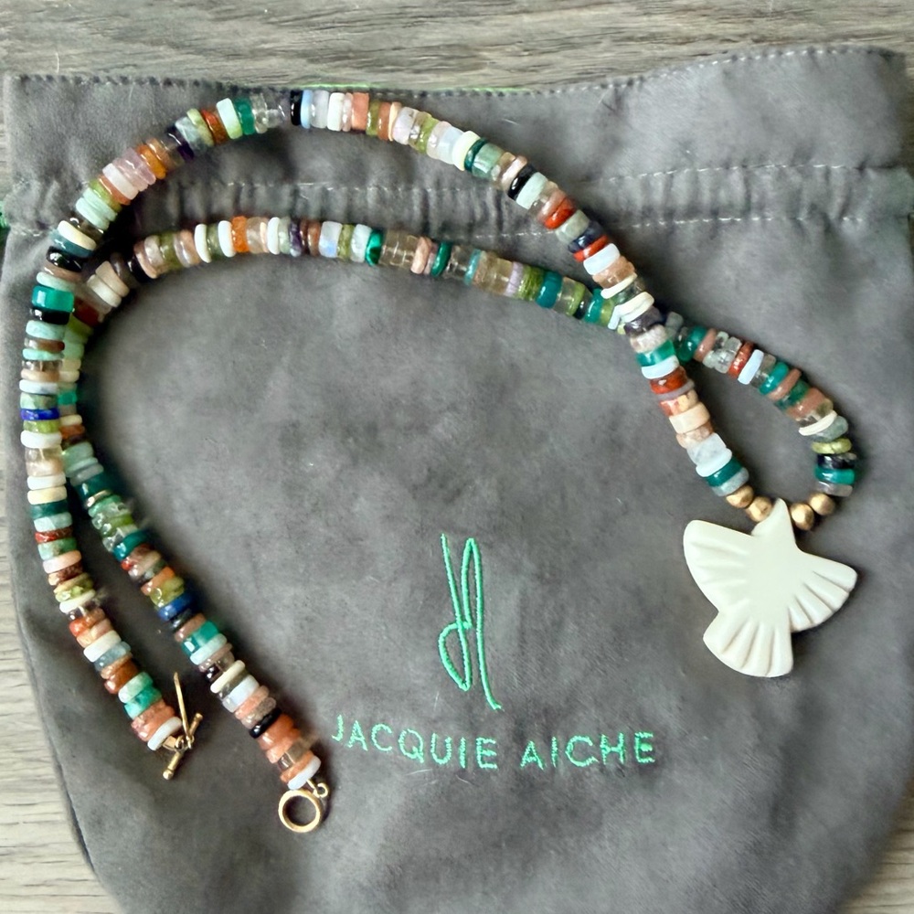JACQUIE AICHE Thunderbird Gemstone Beaded Yellow Gold Diamond Bone Necklace Bird